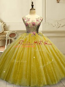 Traditional Floor Length Ball Gowns Sleeveless Gold Quinceanera Gown Lace Up