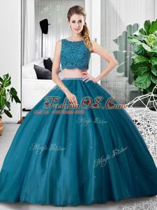 Flare Teal Two Pieces Tulle Scoop Sleeveless Lace and Ruching Floor Length Zipper 15th Birthday Dress