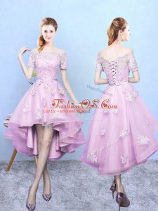 Traditional Off The Shoulder Short Sleeves Bridesmaid Gown High Low Lace Rose Pink Tulle