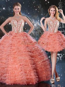 Clearance Watermelon Red Sleeveless Beading and Ruffled Layers Floor Length Sweet 16 Quinceanera Dress