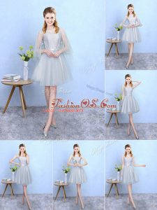 Silver Tulle Lace Up V-neck Sleeveless Knee Length Bridesmaids Dress Lace