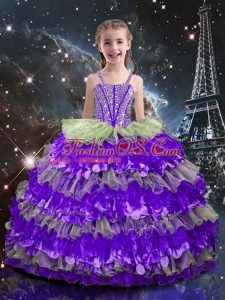 Vintage Floor Length Lace Up Little Girls Pageant Dress Multi-color for Quinceanera and Wedding Party with Beading and Ruffled Layers
