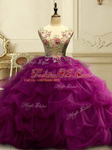 Sleeveless Floor Length Appliques and Ruffles and Sequins Lace Up 15th Birthday Dress with Fuchsia