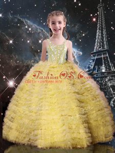 Shining Straps Sleeveless Little Girls Pageant Gowns Floor Length Beading and Ruffled Layers Champagne Tulle