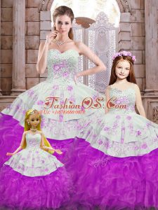 High Class White And Purple Lace Up Ball Gown Prom Dress Beading and Appliques and Ruffles Sleeveless Floor Length