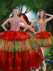 Colorful Wine Red Sleeveless Beading and Ruffled Layers Floor Length Ball Gown Prom Dress