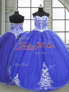 New Arrival Floor Length Blue Quinceanera Gowns Tulle Sleeveless Appliques