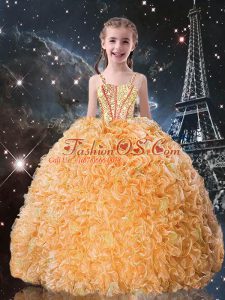 Shining Straps Sleeveless Pageant Dress Floor Length Beading and Ruffles Gold Organza