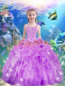 Exquisite Beading and Ruffles Kids Pageant Dress Lilac Lace Up Sleeveless Floor Length