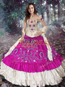 Stylish Taffeta Off The Shoulder Sleeveless Lace Up Embroidery and Ruffled Layers Quinceanera Gown in Fuchsia