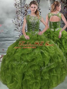 Floor Length Olive Green Sweet 16 Dresses Organza Sleeveless Beading and Ruffles