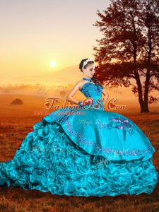 Hot Selling Sweetheart Sleeveless Organza Quinceanera Dress Embroidery and Ruffles Brush Train Lace Up
