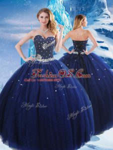 Super Sweetheart Sleeveless Sweet 16 Quinceanera Dress Floor Length Beading Navy Blue Tulle
