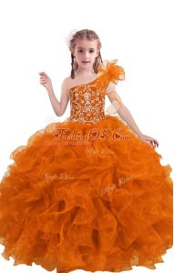 Traditional Floor Length Orange Red Pageant Dress Toddler One Shoulder Sleeveless Lace Up