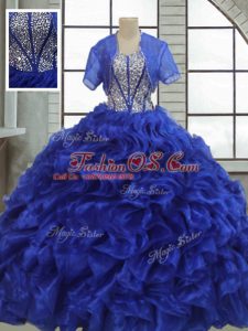 Royal Blue Ball Gowns Sweetheart Short Sleeves Organza Floor Length Lace Up Ruffles Quinceanera Gowns