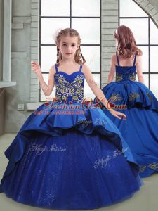 Lovely Royal Blue Spaghetti Straps Neckline Embroidery Kids Pageant Dress Sleeveless Lace Up