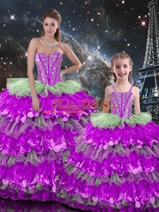 Sweet Organza Sweetheart Sleeveless Lace Up Beading and Ruffles Quinceanera Gown in Multi-color
