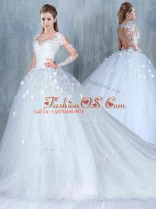 Lace Wedding Gown White Backless Long Sleeves Court Train