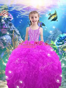 Fashion Organza Straps Sleeveless Lace Up Beading and Ruffles Pageant Dress for Teens in Fuchsia