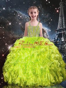 Yellow Green Lace Up Straps Beading and Ruffles Pageant Dress for Teens Organza Sleeveless