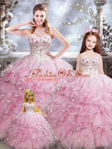 Floor Length Baby Pink Ball Gown Prom Dress Organza Sleeveless Beading and Ruffles