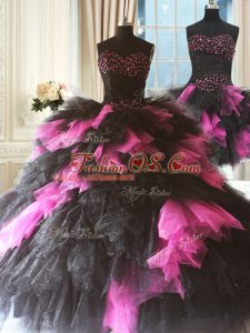 Pink And Black Three Pieces Sweetheart Sleeveless Tulle Floor Length Lace Up Beading and Ruffles Quinceanera Gowns
