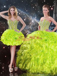 Yellow Green Lace Up Quinceanera Gowns Beading and Ruffles Sleeveless Floor Length
