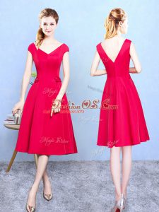 Red Satin Zipper Quinceanera Court Dresses Cap Sleeves Tea Length Ruching