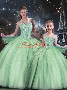 Fine Tulle Sweetheart Sleeveless Lace Up Beading Sweet 16 Quinceanera Dress in Apple Green