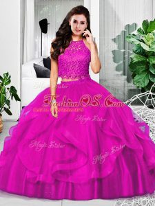 Fuchsia Tulle Zipper Halter Top Sleeveless Floor Length Sweet 16 Quinceanera Dress Lace and Ruffles
