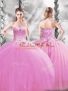 Lilac Ball Gowns Beading Ball Gown Prom Dress Lace Up Tulle Sleeveless Floor Length