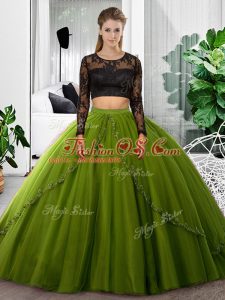 Best Selling Olive Green Long Sleeves Floor Length Lace and Ruching Backless 15 Quinceanera Dress