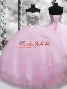 Lilac Lace Up Sweet 16 Quinceanera Dress Beading Sleeveless Brush Train