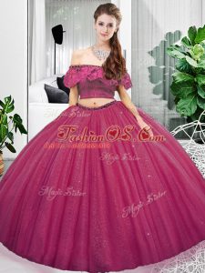 Lace and Ruching Quinceanera Dress Fuchsia Lace Up Sleeveless Floor Length