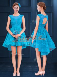 Modest Baby Blue Dama Dress for Quinceanera Wedding Party with Lace Scoop Sleeveless Lace Up