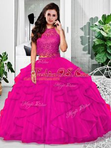 Halter Top Sleeveless Tulle Quinceanera Dresses Lace and Ruffles Zipper