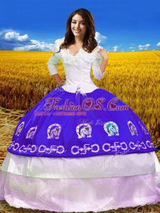 Dazzling Floor Length Purple Vestidos de Quinceanera Taffeta 3 4 Length Sleeve Embroidery