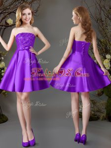 Elegant Eggplant Purple Satin Lace Up Strapless Sleeveless Mini Length Vestidos de Damas Beading