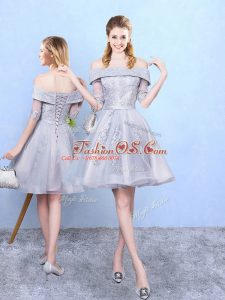 Lovely Grey Tulle Lace Up Damas Dress Half Sleeves Knee Length Appliques