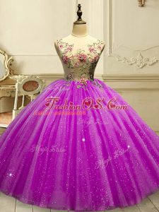 Scoop Sleeveless Tulle Ball Gown Prom Dress Appliques and Sequins Lace Up