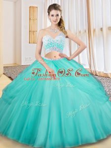 Aqua Blue Sleeveless Beading and Ruching and Pick Ups Floor Length Quince Ball Gowns