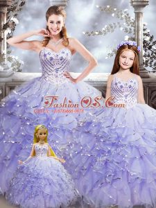 Gorgeous Sleeveless Floor Length Beading and Ruffles Lace Up Quinceanera Gowns with Lavender