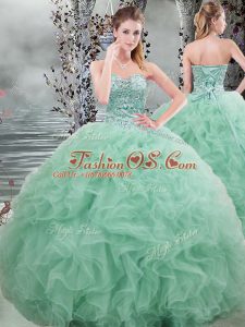 Affordable Beading and Ruffles Sweet 16 Quinceanera Dress Apple Green Lace Up Sleeveless Floor Length