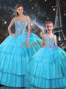 Attractive Aqua Blue Sweetheart Neckline Ruffled Layers and Sequins 15th Birthday Dress Sleeveless Lace Up