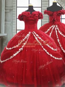 Wine Red Off The Shoulder Lace Up Appliques and Pick Ups Sweet 16 Dress Brush Train Sleeveless