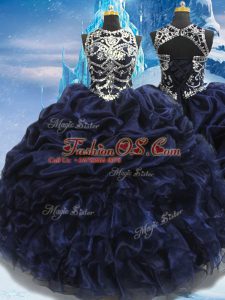 Suitable High-neck Sleeveless 15th Birthday Dress Floor Length Appliques and Ruffles and Pick Ups Navy Blue Taffeta