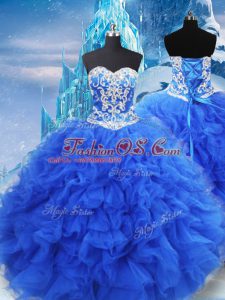 Blue Ball Gowns Organza Sweetheart Sleeveless Beading and Ruffles Floor Length Lace Up Vestidos de Quinceanera