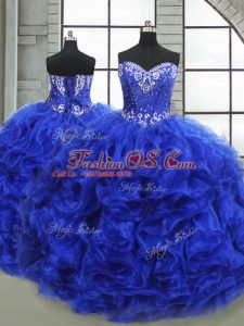 Custom Design Royal Blue Organza Lace Up 15th Birthday Dress Sleeveless Floor Length Beading and Ruffles