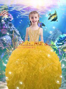 High End Straps Sleeveless Lace Up Little Girl Pageant Dress Gold Organza