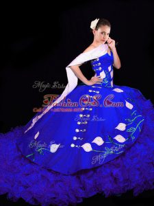 Deluxe Sweetheart Sleeveless Quinceanera Gowns Brush Train Embroidery Royal Blue Organza